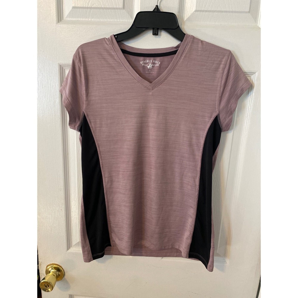Beverly Hills Polo Club Womens V-Neck Active Shirt Mauve Black Large L